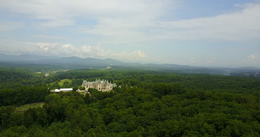 Asheville Fly Over with Biltmore Mansion and Blue Ridge Mountains, forest, green, landscape, 