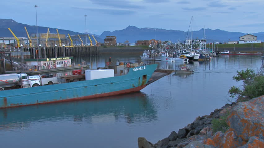 HOMER, AK - CIRCA 2012: Laden industrial-strength landing craft entering harbor