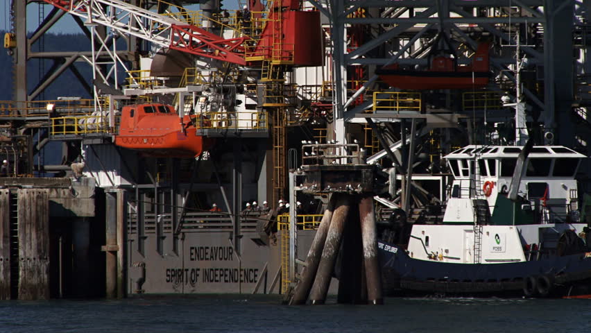 HOMER, AK - CIRCA 2012: The huge jack-up rig Endeavour arrives at the deepwater