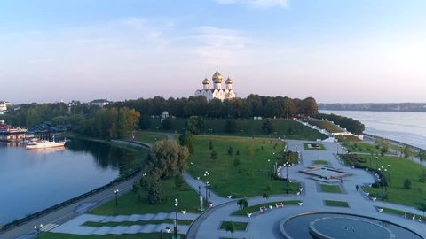Assumption Cathedral in Yaroslavl. Aero panorama with a view of the Volga River and the central part of the city at sunrise. Summer