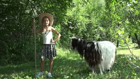 Farmer Child Pasturing Animals in Yard Girl Pasturing Goats in Garden Grazing 4K