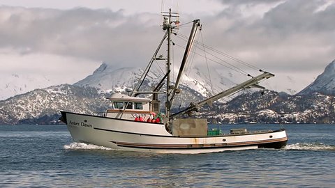 HOMER, AK - CIRCA 2012: An Alaskan trawler returns to port just off the Homer Spit, with the resplendent Kenai Mountains looming in snow-covered glory beyond the azure waves of Kachemak Bay.