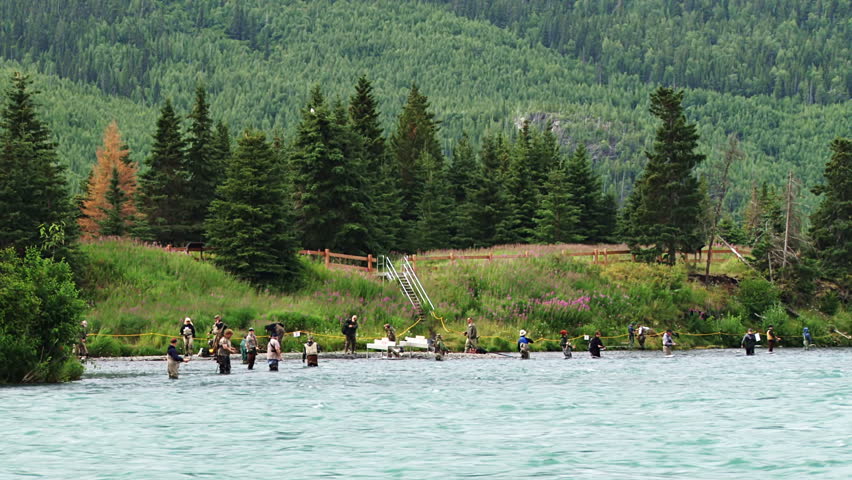 KENAI RIVER, AK CIRCA 2012: Anglers in waders stand in rushing glacial waters of