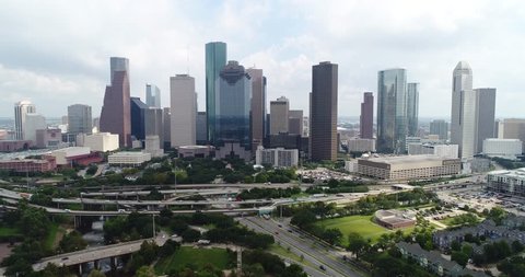 Free high quality 4k clip of Aerial view of skyline downtown Houston building city, at buffalo bayou park, Houston, Texas, USA
