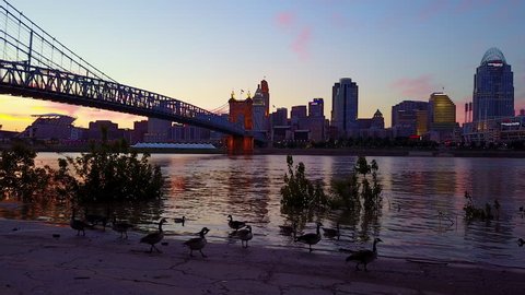 CIRCA 2010s - Cincinnati, Ohio - A beautiful evening aerial shot of Cincinnati Ohio with bridge crossing the Ohio River foreground.