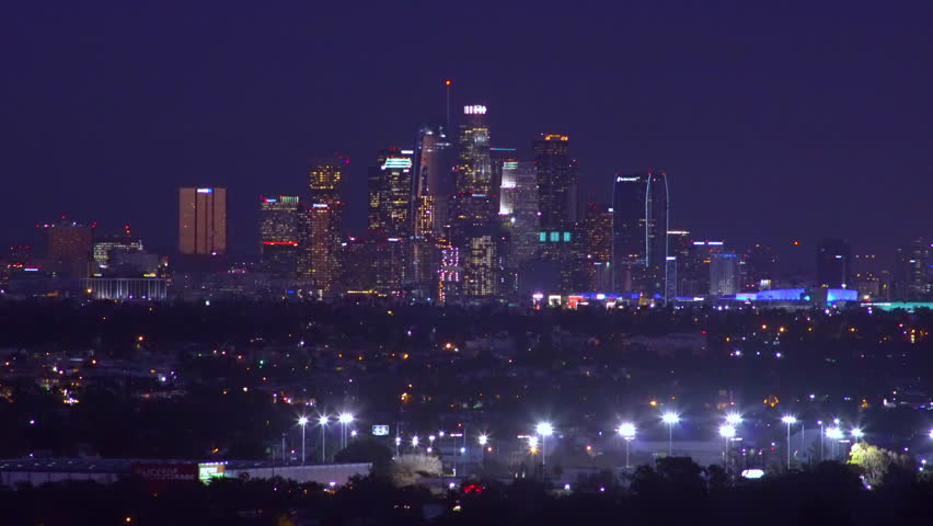 CIRCA 2010s - Beautiful night establishing shot of downtown Lo Angeles, California.