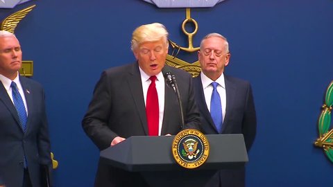 CIRCA 2010s - President Donald Trump makes remarks at the swearing in ceremony of General Jim Mattis at the Department Of Defense and speaks of his Presidential Proclamation Enhancing Vetting Capabilities and Processes for Detecting Attempted Entry Into t