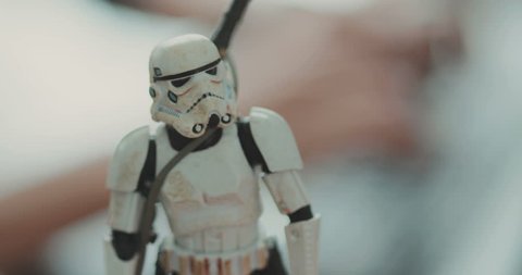 NEW YORK - April 5, 2017: Close-up toy star-wars. Black and white The back background is blurred. Shot on RED Epic Camera.