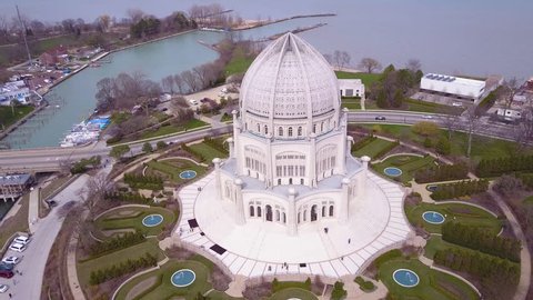 CIRCA 2010s - Chicago, Illinois - Beautiful aerial over the Baha'i Temple in Chicago, Illinois.