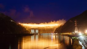 Dam of Sayanoshushenskaya hydroelectric power station on the Yenisei River Russia, Siberia, night shooting, time-lapse video