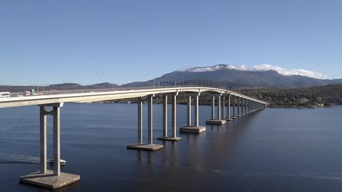 Drone aerial footage of Hobart, Tasman Bridge and Mount Wellington