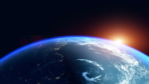 Sunrise Over The Earth. Globe with City Night Lights. View Of Planet Earth From Space. Southern Hemisphere Close Up. Realistic 3d Animation with Ultra High Detailed and Natural Textures.