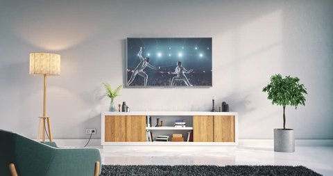 Footage of a living room led tv on white wall with wooden table and plant in pot showing fencing championship moment on 3D rendered sports stadium.
