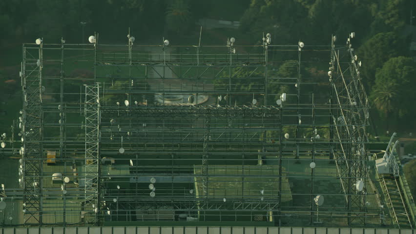 Aerial shot of a lighting grid on top of a building
