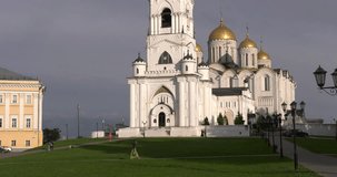 4K high quality video footage view of medieval beautiful Uspenskiy Sobor Cathedral and area around it in the heart of Vladimir on Golden Ring route some 200 km from Moscow, Russia on summer day