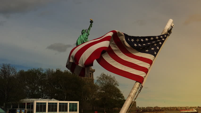 New York : Statue of Liberty, with american flag, ultra hd 4k