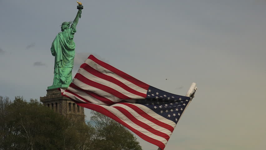 New York : Statue of Liberty, with american flag, ultra hd 4k