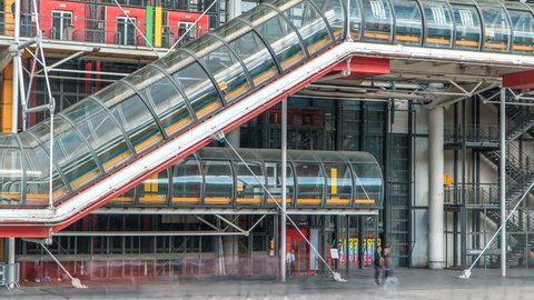 Tube with escalator of the Centre of Georges Pompidou timelapse in Paris, France. The Centre of Georges Pompidou is one of the most famous museums of the modern art in the world.