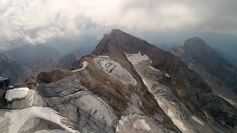 Aerial view of Punta Penia the top of Marmolada mountain glacier in Dolomites, Alps, Italy. 10/08/2017 Massif glacier. Evidence of global warming and melting glaciers