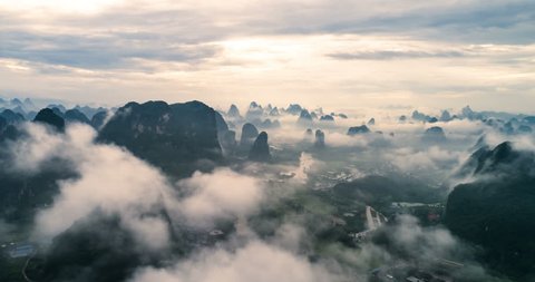 time lapse of aerial view of Li River and Karst mountains. Located near Yangshuo County, Guilin City, Guangxi Province, China