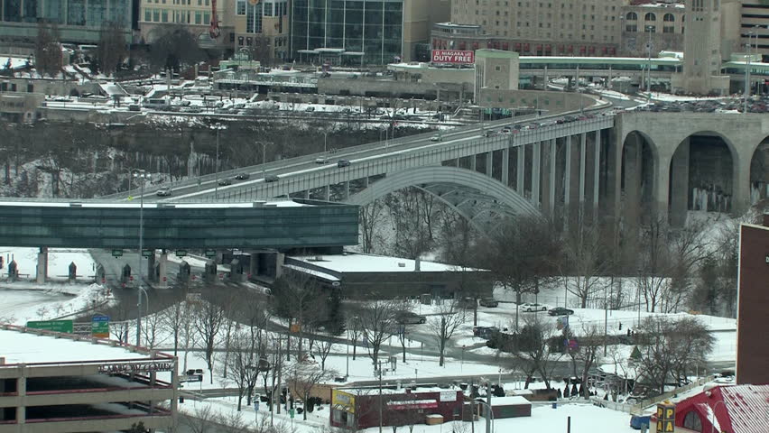 Traffic passes from the Rainbow Bridge into the customs station in Niagara