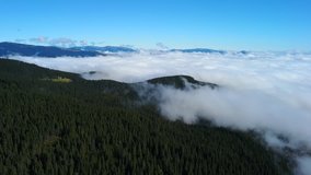 Aerial view: Beautiful nature landscape of morning mist. Flying over clouds in the mountains. Fog covering mountains 