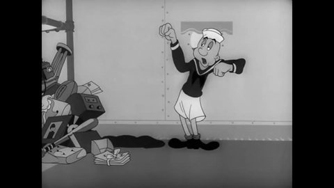 CIRCA 1946 - An animated sailor smokes a cigarette and disrobes on the deck of a warship, a sexy female saunters by and an alarm sounds.