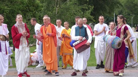 RUSSIA, MOSCOW - JUNE 10, 2017: Singing and dancing of the Hare Krishnas near VDNH in June 2017 in Moscow Russian Federation
