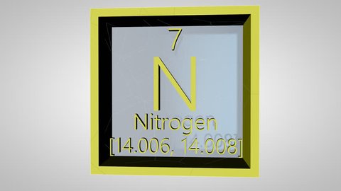 Nitrogen. Element of the periodic table of the Mendeleev system. IUPAC version is dated 28 November 2016. Standard atomic weight. 3D animation alpha PNG. 60 fps.