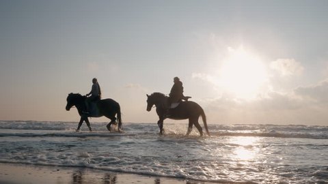 SLOW MOTION. silhouette of women riding beautiful horses wading through the sea splashing water drops around in golden light sunset or sunrise. Stallion walking in ocean water