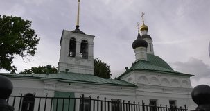 4K high quality video footage view of white church and panoramic views of area near medieval town Vladimir on Golden Ring route some 200 km from Moscow, Russia on summer day