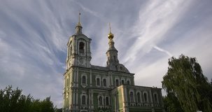 4K high quality video footage view of beuatiful greenish painted church in medieval historical town Vladimir on Golden Ring route some 200 km from Moscow, Russia on summer day