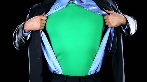 Superhero - Heroic Clark Kent Man in Suit Rips or Tears open Shirt to Reveal Superman Chest with Chroma Key Green Screen Super Shirt Stock Video