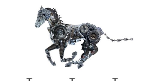 Metal horse is running on a clean background. The robot is made of auto parts and represents the horsepower of the car. Character in the style of steampunk post-apocalypse. Alpha channel.
