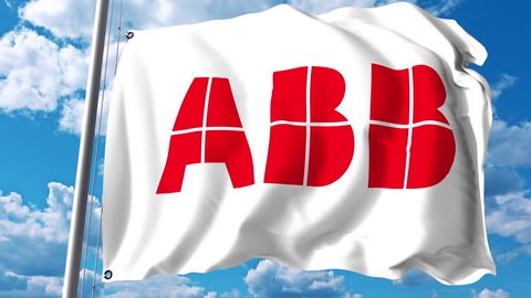 Waving flag with ASEA Brown Boveri ABB logo against clouds and sky. 4K editorial animation