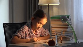Child Reading Book, Girl Studying at Desk Lamp, Learning Children in Evening 4K