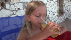 Child Drinking Orange Juice at Restaurant, Girl Portrait at Bar, Terrace 4K