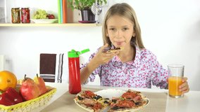 Child Eating Pizza, Girl Drinking Oranges Juice in Kitchen, Unhealthy Food 4K