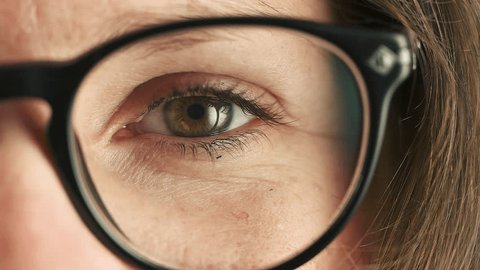 Young Woman pinches the eye with glasses, slow motion