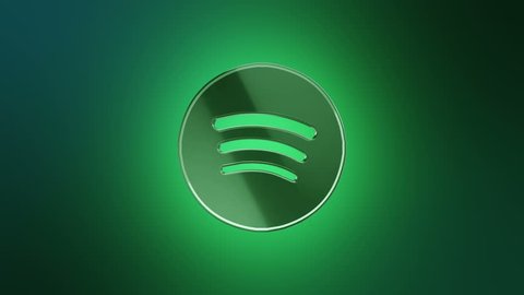Editorial Animation: 3D rotation of symbol of Spotify logo from glass. Animation of seamless loop.