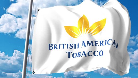 Waving flag with British American Tobacco BAT logo against clouds and sky. 4K editorial animation