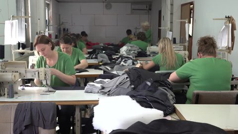 Group of female tailors sitting and using sewing machines to stitching clothes in workshop, wide angle view, young and mature women tailoring in clothing factory, interior scene