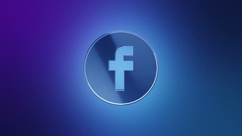 Editorial Animation: 3D rotation of symbol of Facebook logo from glass. Animation of seamless loop.