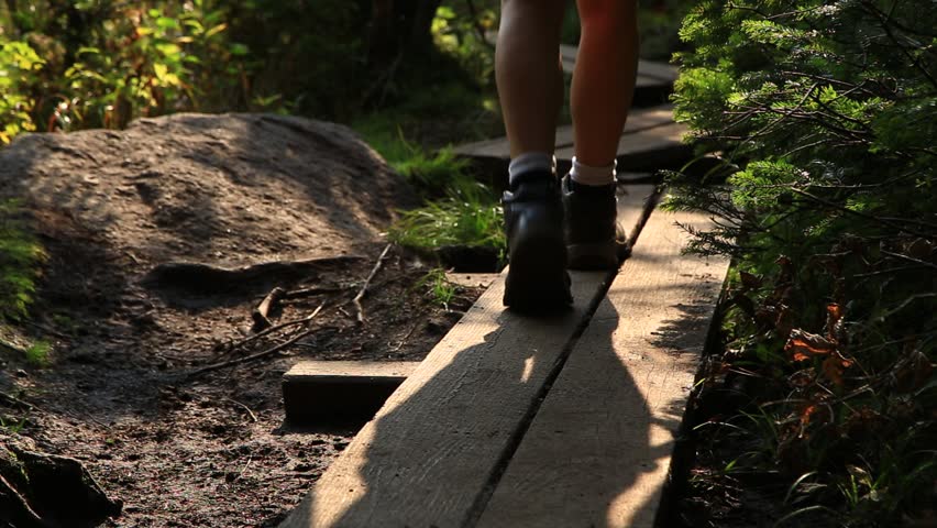 Woman hiking a trail in the Adirondack Mountains.  View of legs and feet walking across a narrow boardwalk.