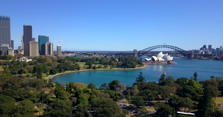 Sydney. Cityscape image of Sydney, Australia with Harbour Bridge and Sydney skyline during sunset. View from above, aerial view.