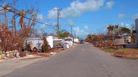 FLORIDA KEYS, FL, USA - OCTOBER 1, 2017: Driving through a neighborhood in the Florida Keys after Hurricane Irma