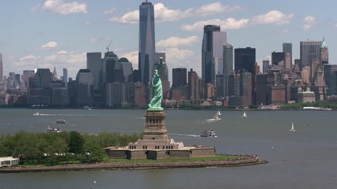 New York City, New York circa-2017, Daytime aerial shot of Statue of Liberty in New York City. Shot with Cineflex and RED Epic-W Helium.