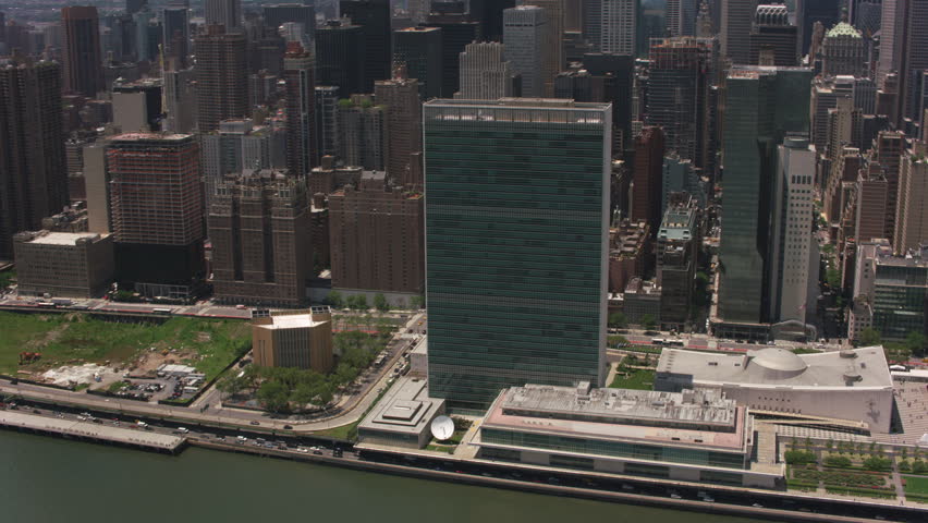 New York City, New York circa-2017, Aerial view of the United Nations Building. Shot with Cineflex and RED Epic-W Helium.