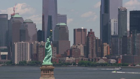 New York City, New York circa-2017, Aerial view of Statue of Liberty and Manhattan. Shot with Cineflex and RED Epic-W Helium.