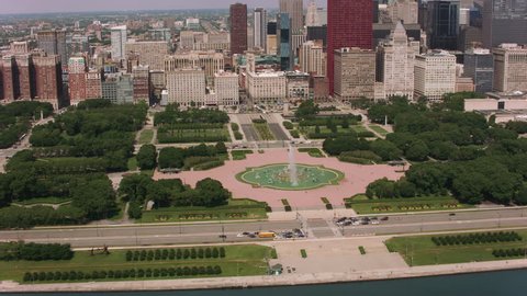 Chicago, Illinois circa-2017, Flying over Buckingham Fountain and downtown Chicago. Shot with Cineflex and RED Epic-W Helium.